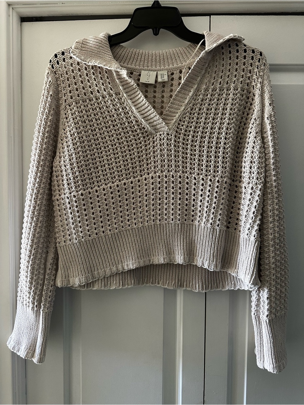 Joie Open-Knit V-Neck Cropped Sweater in Light Beige